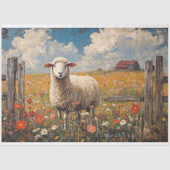 Papier Mousseline Moutons dans un champ Fleur sauvage Découpage de f (Recto)