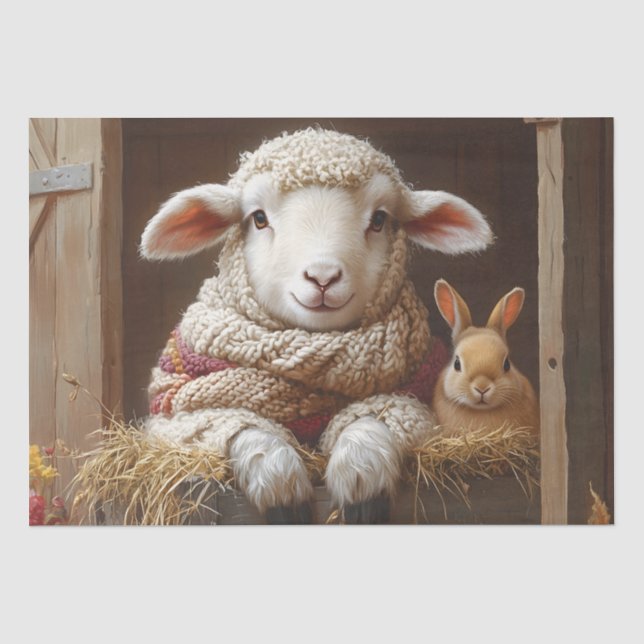Papier Mousseline Moutons et lapin douillets en Grange avec Fleurs (Recto)