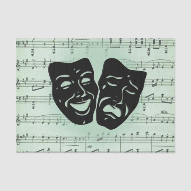 Papier Mousseline Musique verte et masques grecs de théâtre (Recto)