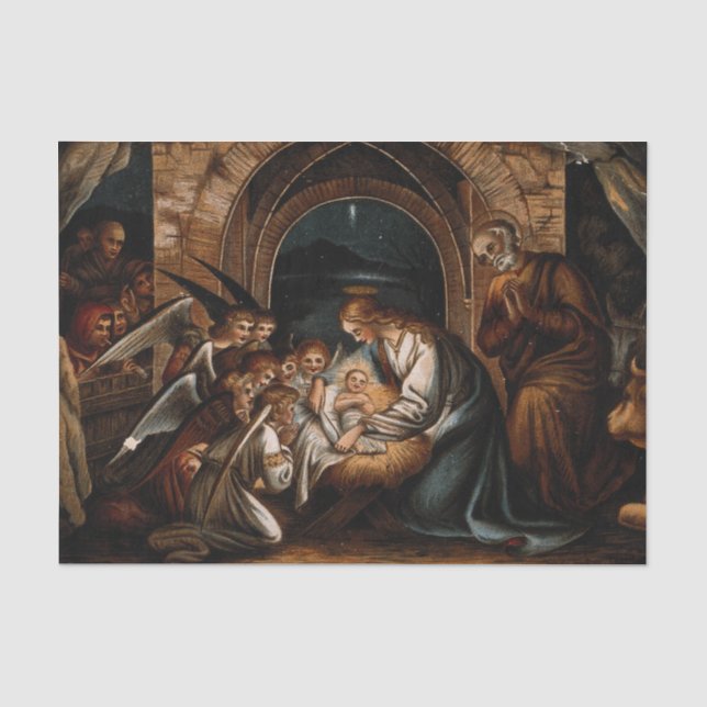 Papier Mousseline Nativité Naissance de Jésus Christ Anges Mère Mari (Recto)
