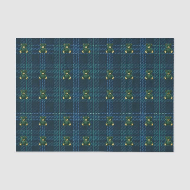 Papier Mousseline Navy Blue and Green Teddy Tartan Tissue Paper (Recto)