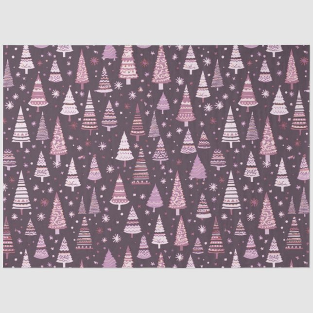 Papier Mousseline Noël aux arbres de Noël violets et blancs (Recto)