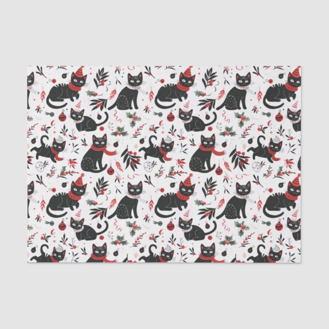 Papier Mousseline Noël aux chats noirs rétro (Recto)
