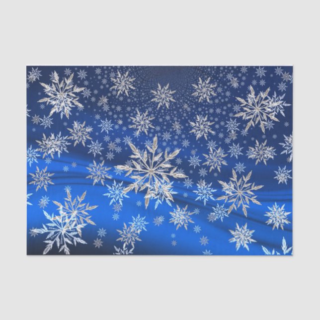 Papier Mousseline Noël aux flocons de neige bleus et argentés (Recto)