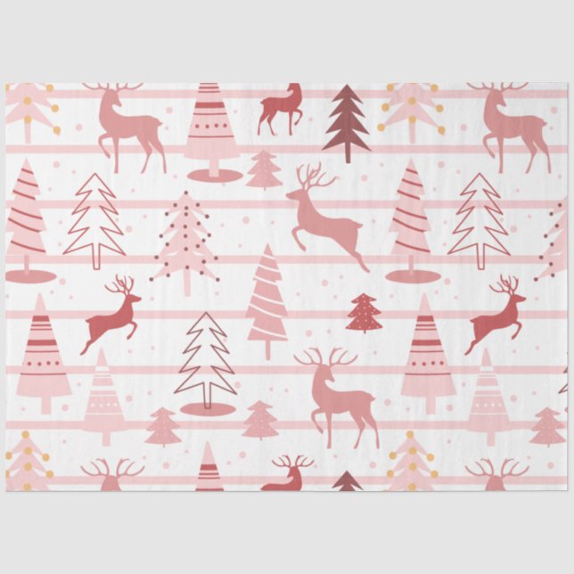 Papier Mousseline Noël blanc rose rennes et flocons de neige (Recto)