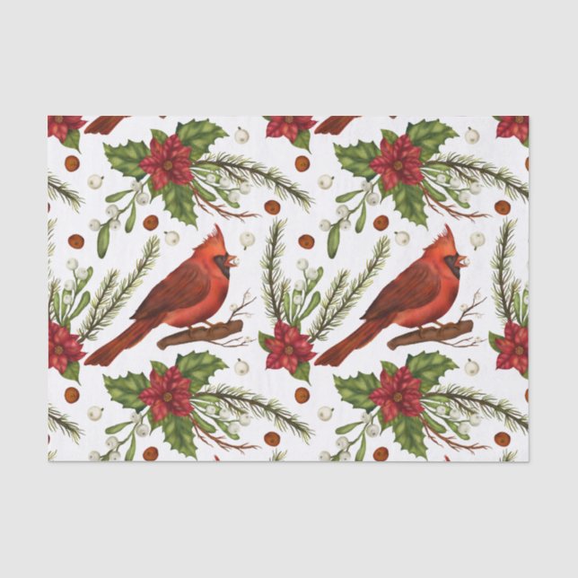 Papier Mousseline Noël Cardinal Rouge Poinsettia Pin Vert (Recto)