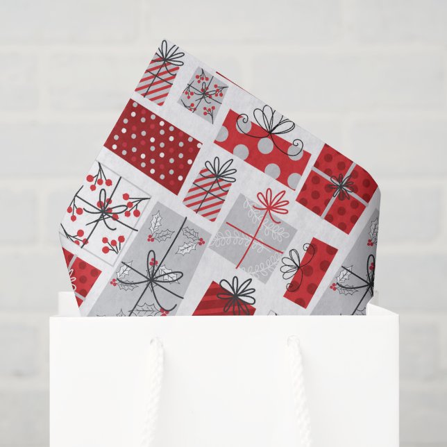 Papier Mousseline Noël Festif Rouge argent moderne Cadeaux (Sac cadeau)