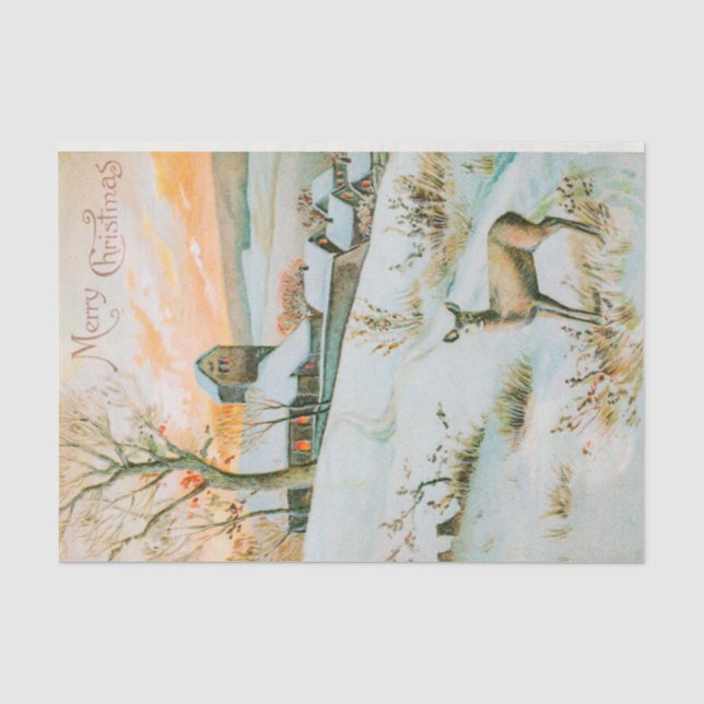 Papier Mousseline Noël Hiver Paysage de neige et Vacances de cerfs (Recto)