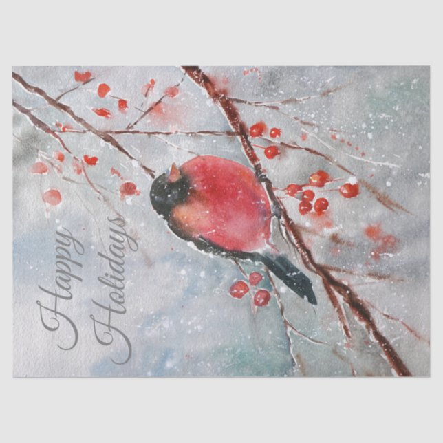 Papier Mousseline Noël Hiver Rouge Robin Aquarelle Oiseau (Recto)