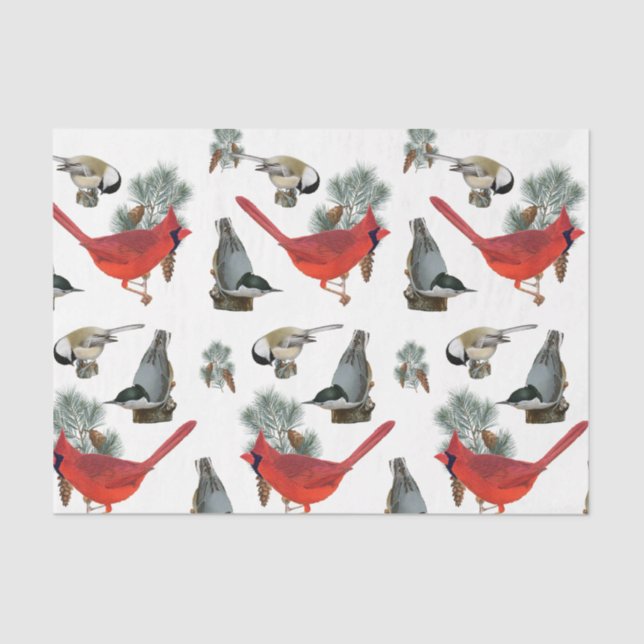 Papier Mousseline Noël Oiseau Cardinal Nuthatch Chickadee Neige (Recto)