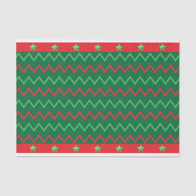 Papier Mousseline Noël Red Green Stars Et Zigzag (Recto)