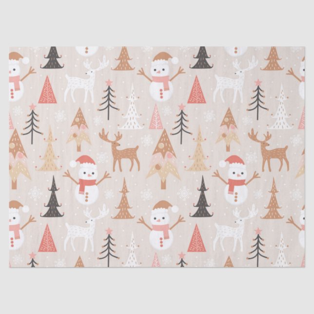 Papier Mousseline Noël rose mignon Arbre de Noël Snowman Reindeer (Recto)