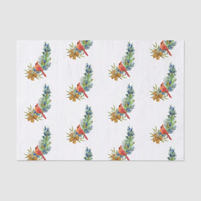 Papier Mousseline Noël Rouge Cardinal Bleu Baies Aquarelle (Recto)