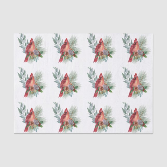 Papier Mousseline Noël Rouge Cardinal Vert Aquarelle (Recto)