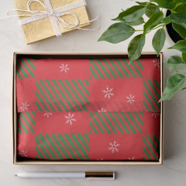 Papier Mousseline Noël Rouge Vert Plaid Motif Flacons de neige (Cadeau)