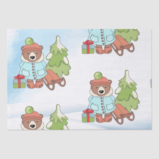 Papier Mousseline Noël Teddy Bear Couple avec cadeau (Recto)