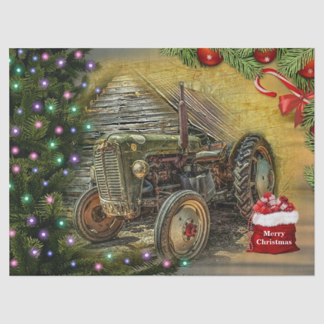 Papier Mousseline Noël Vintage Green Tracteurs (Recto)