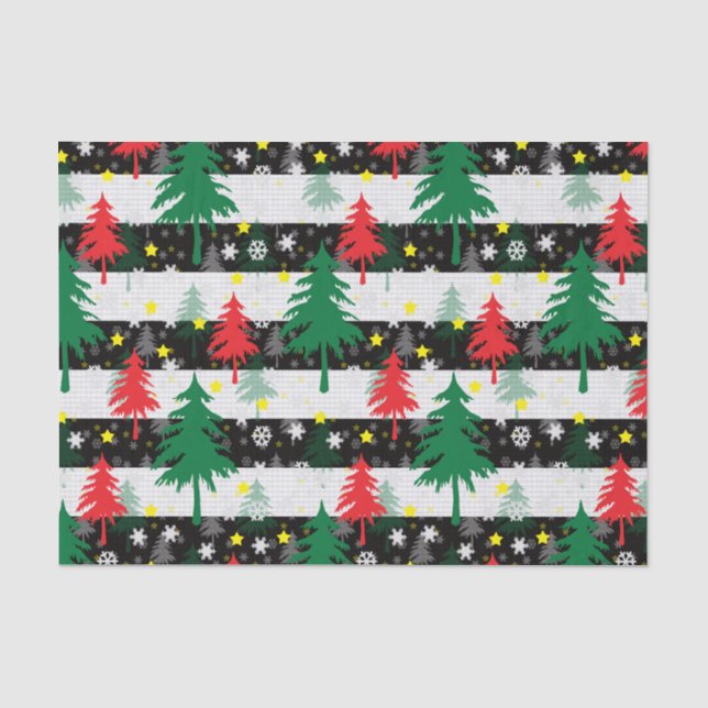 Papier Mousseline Noir Blanc Stripes Neiges Rouge Vert Arbres (Recto)