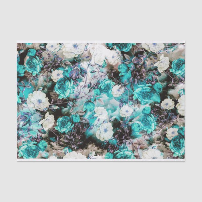 Papier Mousseline Noir blanc turquoise de turquoise florale (Recto)