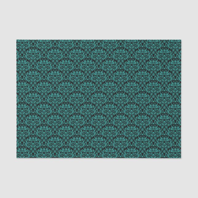 Papier Mousseline Noir et Turquoise Rose Floral Damask (Recto)