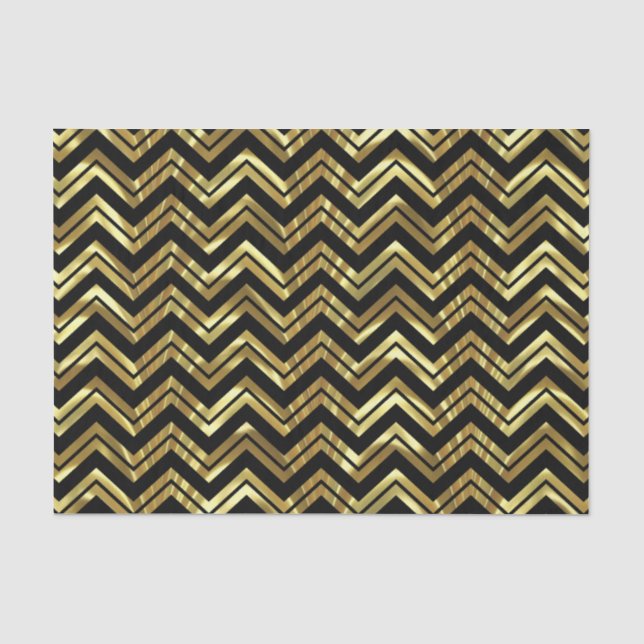 Papier Mousseline Noir & Faux Or Zigzag Chevron Motif géométrique (Recto)