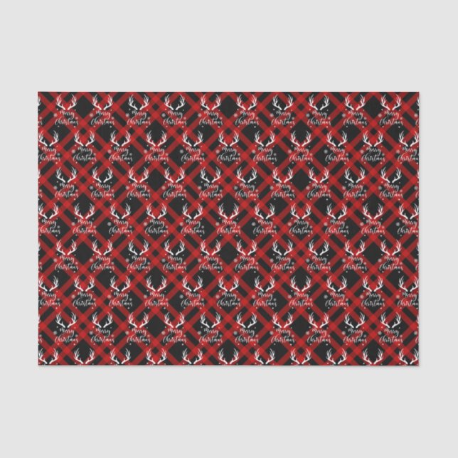 Papier Mousseline Noir Rouge Buffle Plaid Deer Antlers Noël (Recto)