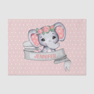 Papier Mousseline Nom personnalisé Elephant Baby Girl Rose & Grey