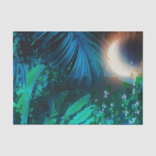 Papier Mousseline Nuit Lune Tropical Jungle Feuilles Silver Blue