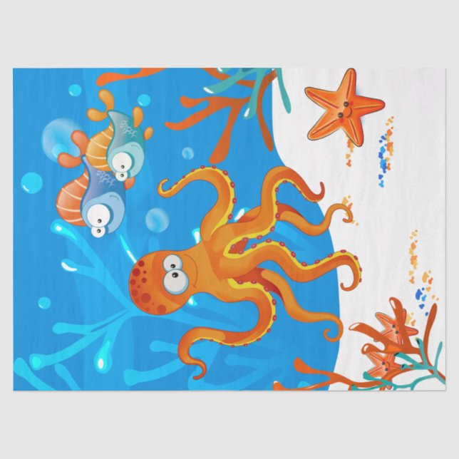 Papier Mousseline Océan Aquatique Cute Octopus Poisson Découpage (Recto)