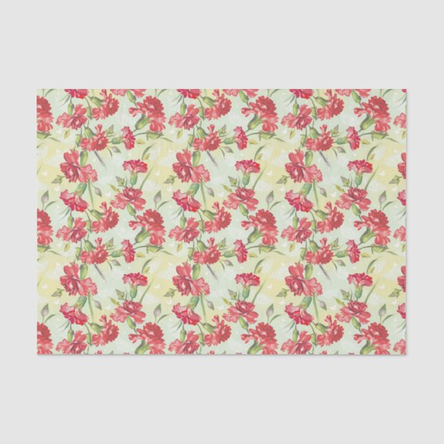 Papier Mousseline Oeillets rouges sur le vert avec des papillons (Recto)