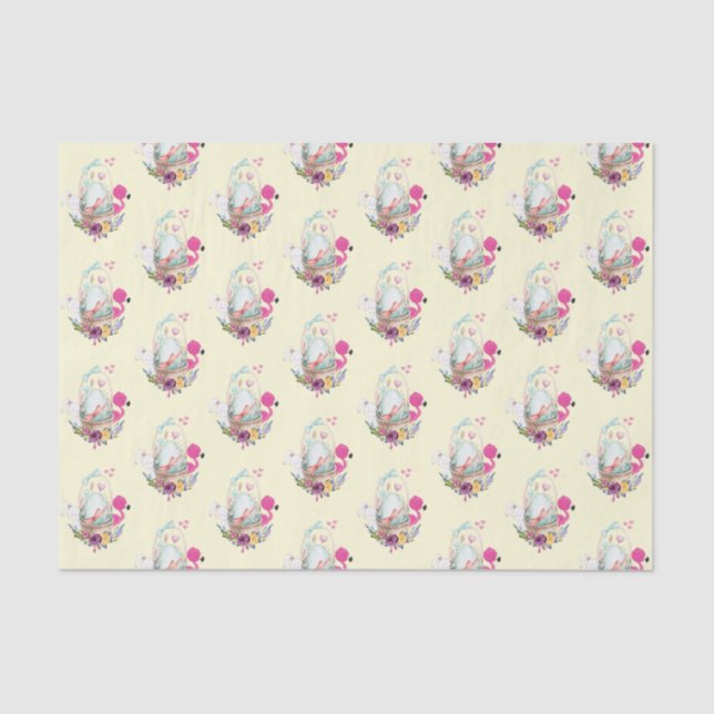Papier Mousseline Oeuf mignon, Flamant rose et lapin, Motif d'aquare (Recto)