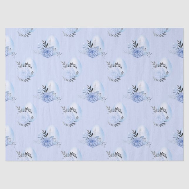 Papier Mousseline Oeufs et fleurs bleus sur le découpage bleu (Recto)