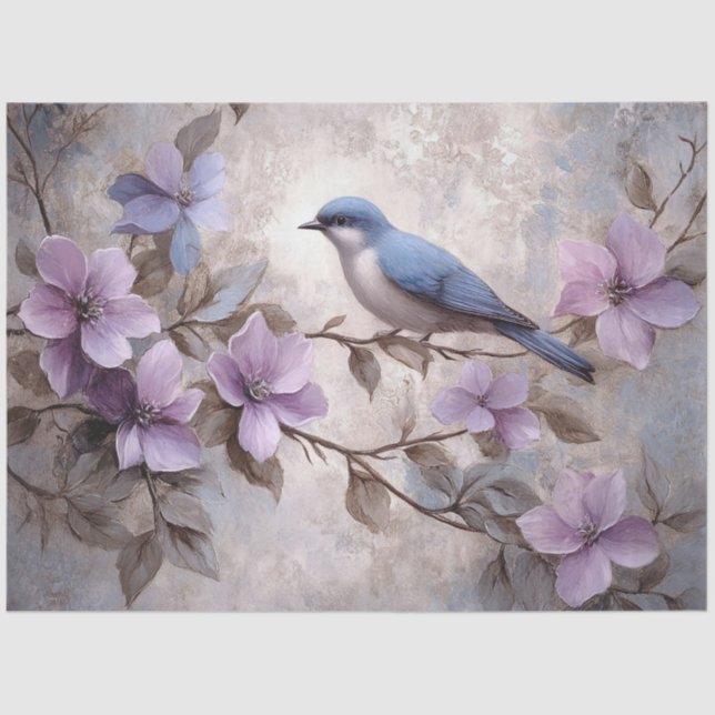 Papier Mousseline Oiseau bleu avec fleurs violettes Découpage (Recto)