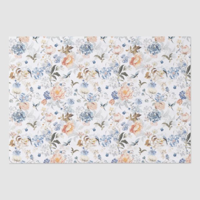 Papier Mousseline Oiseau bleu blush pêche pâle  (Recto)