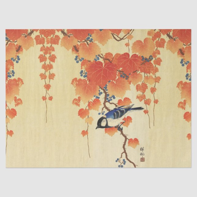 Papier Mousseline Oiseau bleu Tit, Branche de Paulownia, Feuilles ro (Recto)