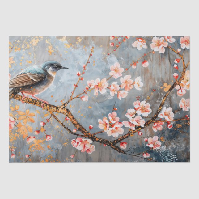 Papier Mousseline Oiseau d'aquarelle sur la fleur de cerisier (Recto)