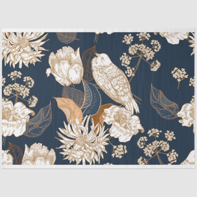 Papier Mousseline Oiseau en fleur Marine Blanc et Or (Recto)