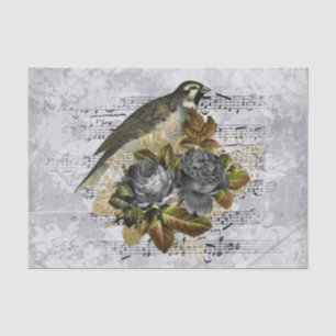 Papier Mousseline Oiseau floral neutre antique