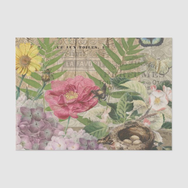 Papier Mousseline Oiseau Nid Floral Jardin Fleur Papillon Art (Recto)