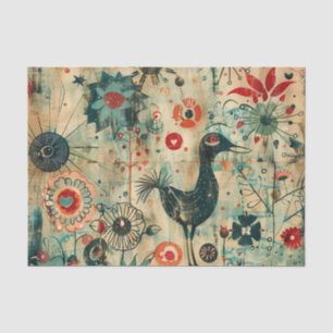 Papier Mousseline Oiseau noir fantaisiste avec fleurs et gribouillis