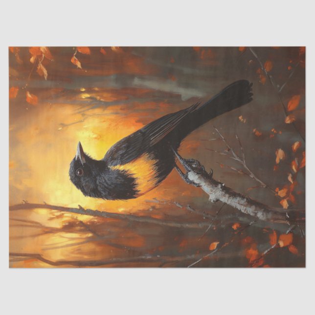 Papier Mousseline Oiseau perché sur la branche dans la forêt automna (Recto)