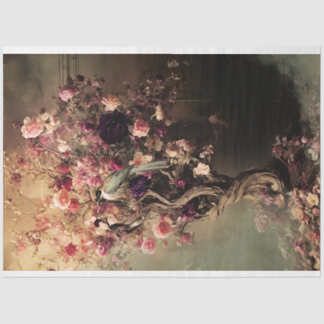 Papier Mousseline Oiseau vert et floral dynamique, arbre éthérée (Recto)