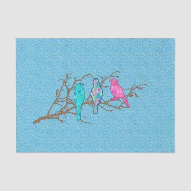Papier Mousseline Oiseaux appliqués sur une branche, Sky Blue Multi (Recto)