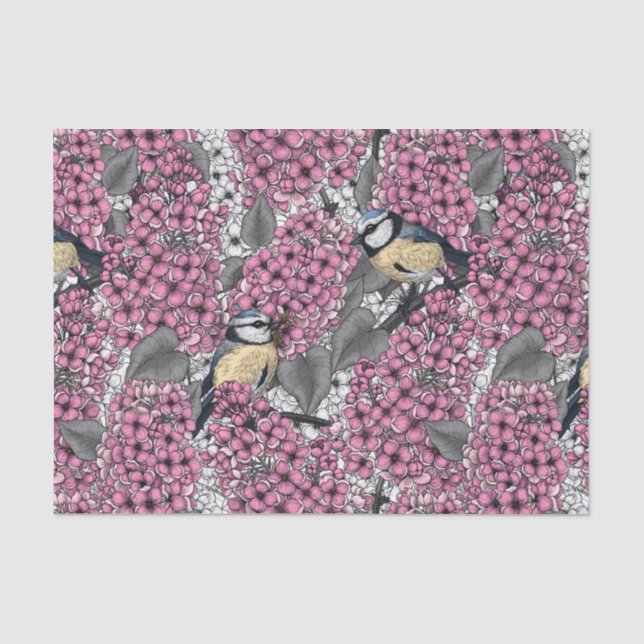 Papier Mousseline Oiseaux dans le jardin lilas rose (Recto)