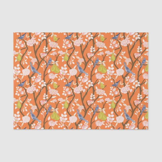 Papier Mousseline Oiseaux de Chinoiserie orange et bleu (Recto)