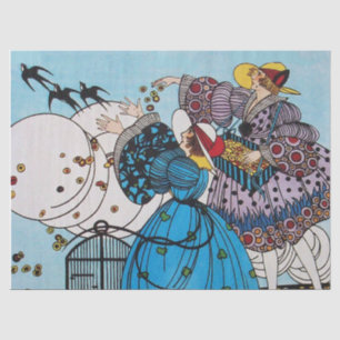 PAPIER MOUSSELINE OISEAUX DE RESSORT ET DAMES, MODE DE BEAUTÉ D'ART