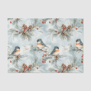 Papier Mousseline Oiseaux d'hiver Motif avec Pinecones et neige