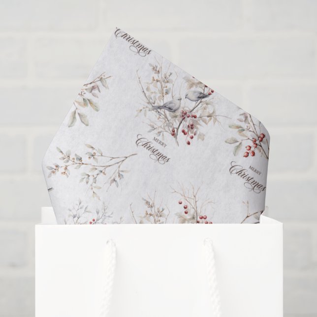 Papier Mousseline Oiseaux d'hiver simples Baies rouges Noël (Sac cadeau)
