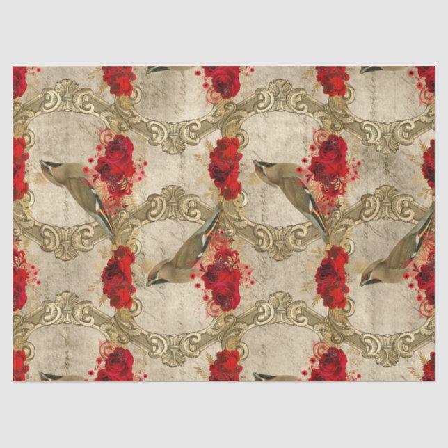 Papier Mousseline Oiseaux d'or et découpage de la flore rouge (Recto)