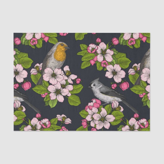 Papier Mousseline Oiseaux et fleurs en noir (Recto)
